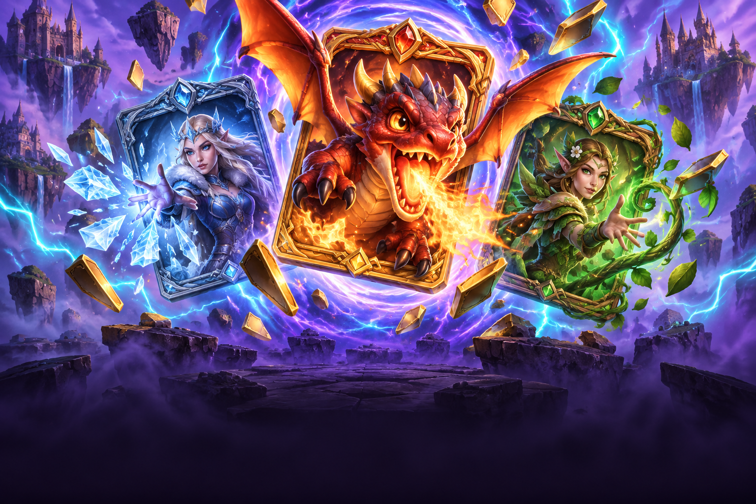 A dragon and magical heroes emerge from glowing fantasy cards.