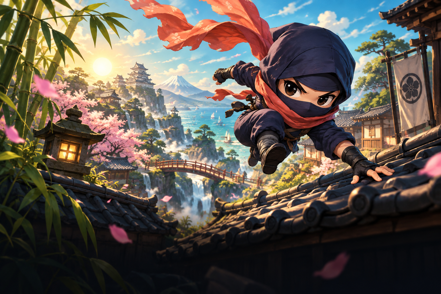 A tiny ninja with a red scarf leaps across sunlit rooftops.