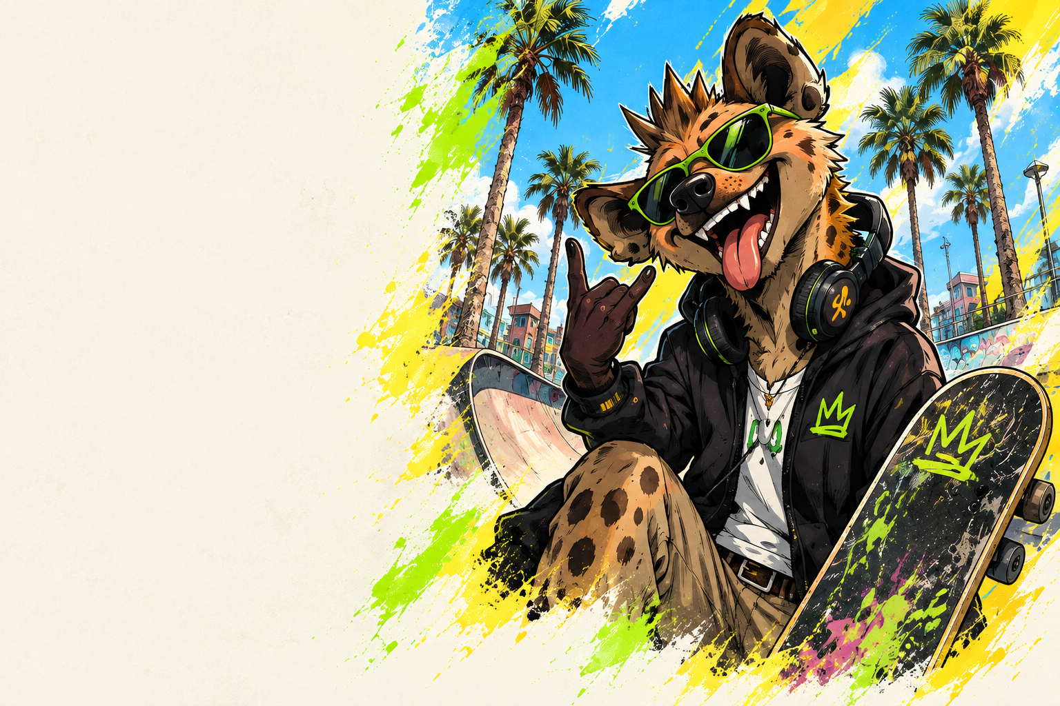 A laughing hyena in lime sunglasses and a black hoodie, with a skateboard at a sunny palm-lined skatepark.