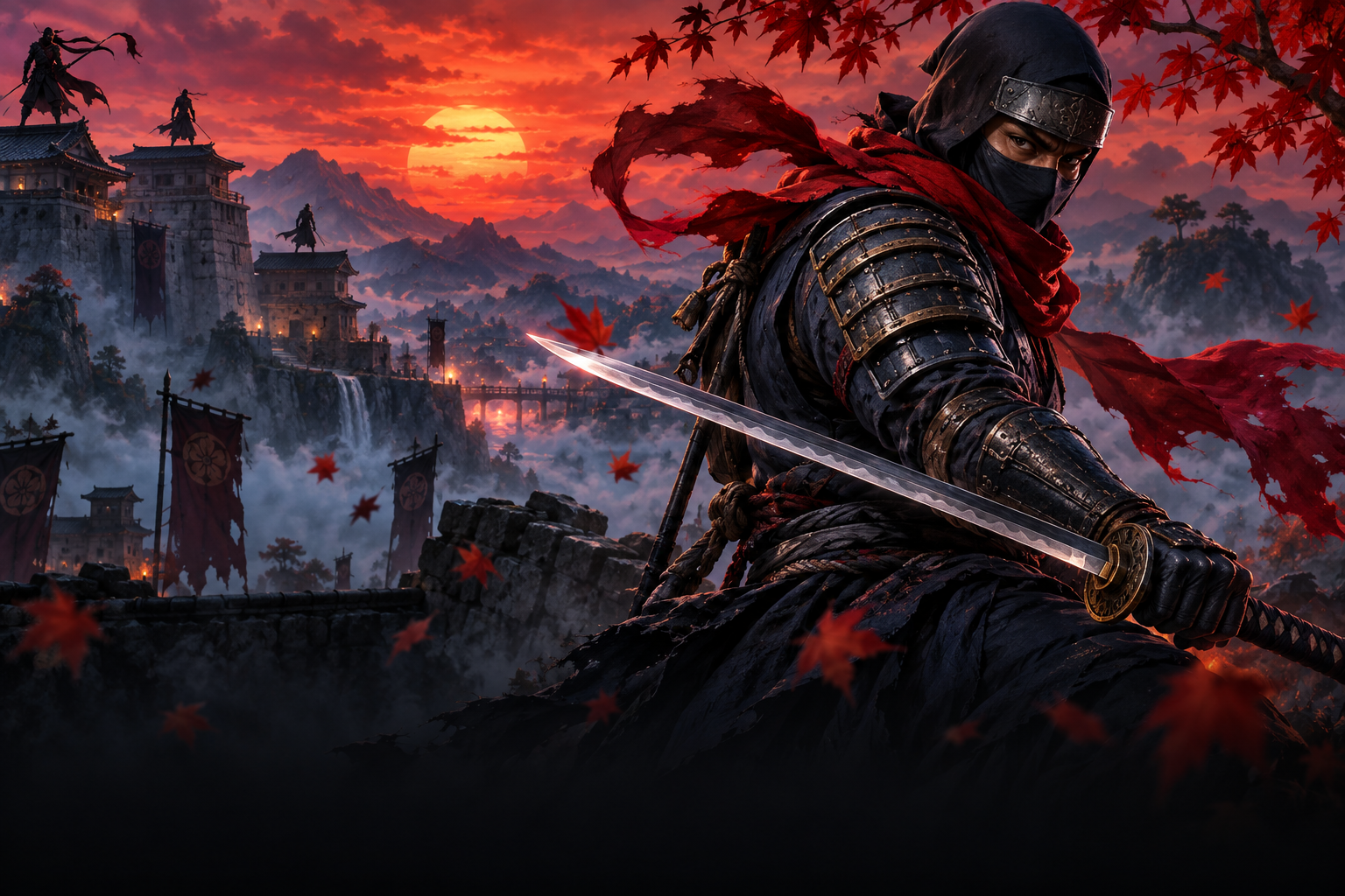 A masked ninja warrior above a mountain fortress at sunset.