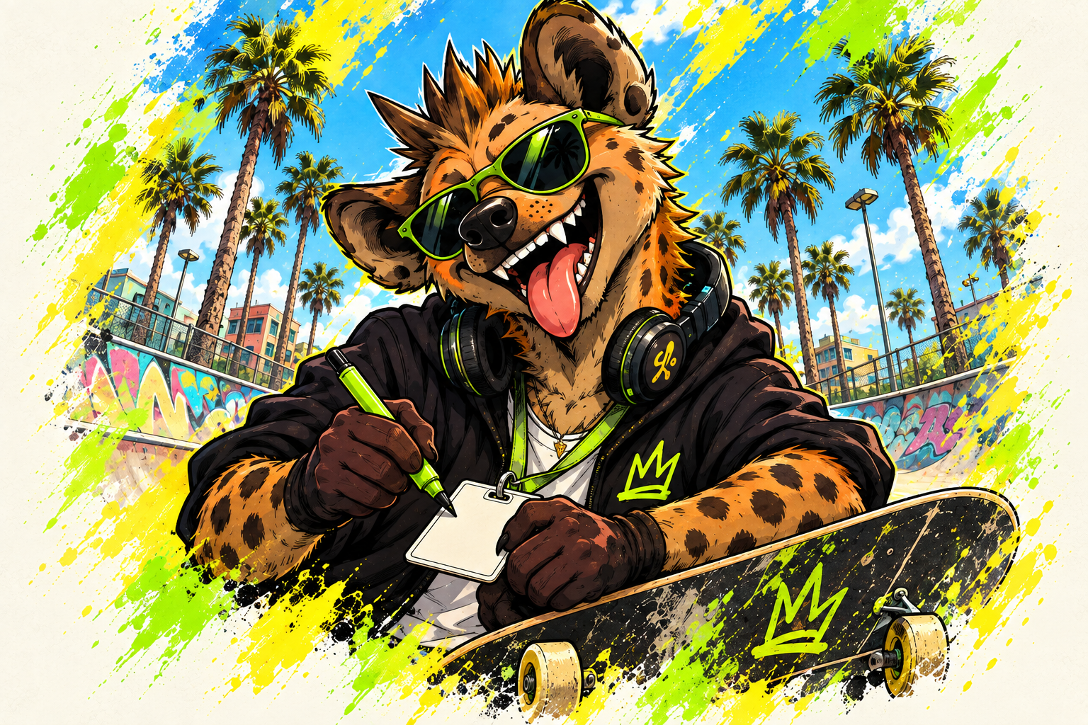 A mischievous hyena in a black hoodie and lime sunglasses.
